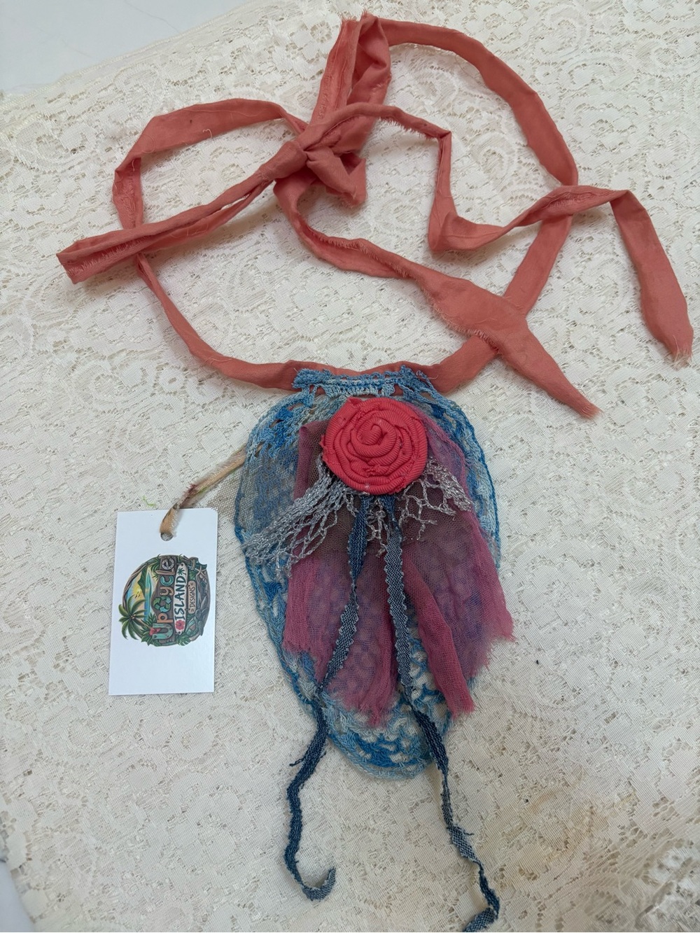 Coral and Blue Crocheted Jabot Neck Adornment Necklace